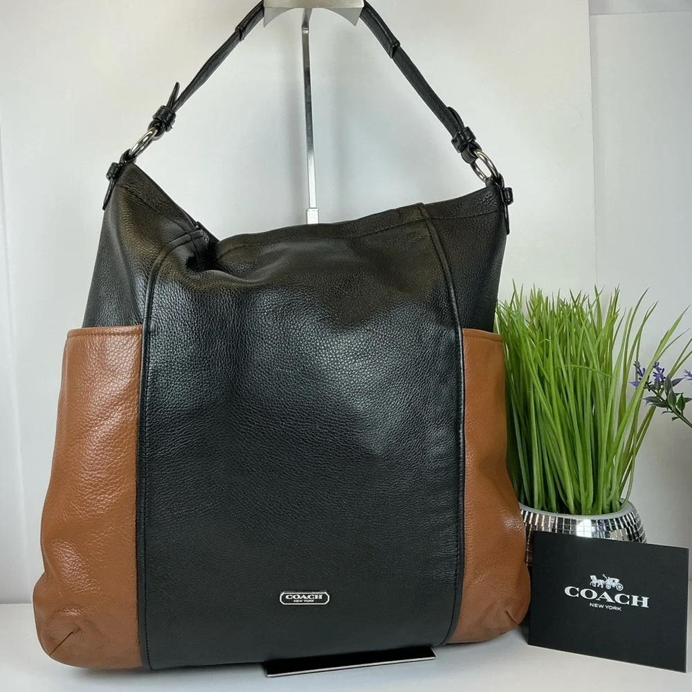 Coach Park Colorblock Hobo Black Brown Leather Shoulder Crossbody Bag Laptop wor